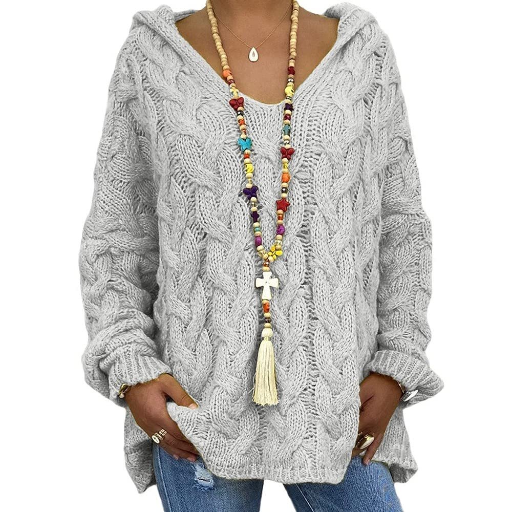 Womens Twist Knit Sweaters Long Sleeve Hoodie V Neck Pullover Sweater Loose Casual Tops S-3XL with 1pcs Chiffon Scarf