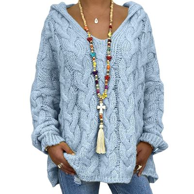 Womens Twist Knit Sweaters Long Sleeve Hoodie V Neck Pullover Sweater Loose Casual Tops S-3XL with 1pcs Chiffon Scarf