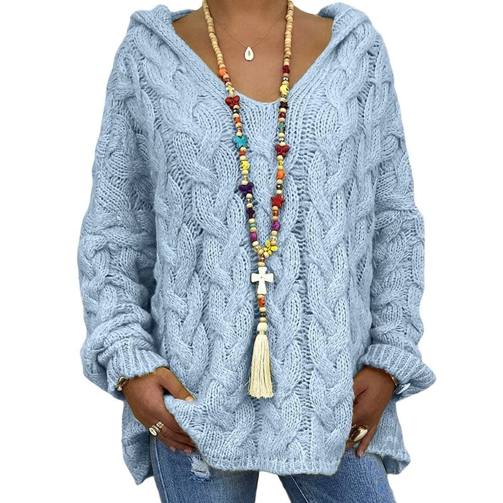 Womens Twist Knit Sweaters Long Sleeve Hoodie V Neck Pullover Sweater Loose Casual Tops S-3XL with 1pcs Chiffon Scarf