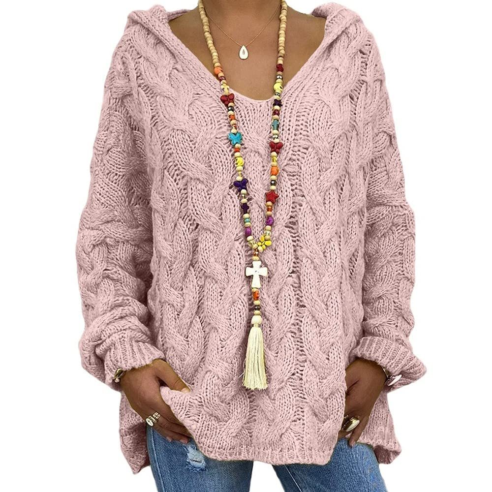 Womens Twist Knit Sweaters Long Sleeve Hoodie V Neck Pullover Sweater Loose Casual Tops S-3XL with 1pcs Chiffon Scarf
