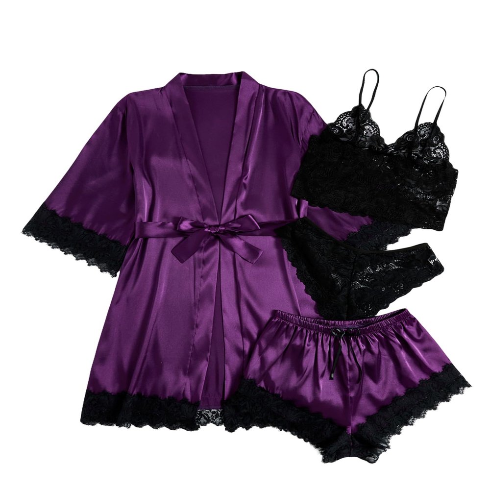 WDIRARA Women' Silk Satin Pajamas Set 4pcs Lingerie Floral Lace Cami Sleepwear with Robe Black and Purple M