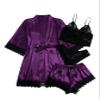 WDIRARA Women' Silk Satin Pajamas Set 4pcs Lingerie Floral Lace Cami Sleepwear with Robe Black and Purple M view 1