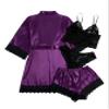 WDIRARA Women' Silk Satin Pajamas Set 4pcs Lingerie Floral Lace Cami Sleepwear with Robe Black and Purple M view 2