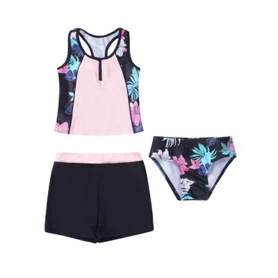 Hedmy Kids Girls 3 Pieces Tankini Swimsuit Set Sleeveless Floral Print Swim Tops with Shorts Bottoms Bathing Suit Black Floral 12 Years