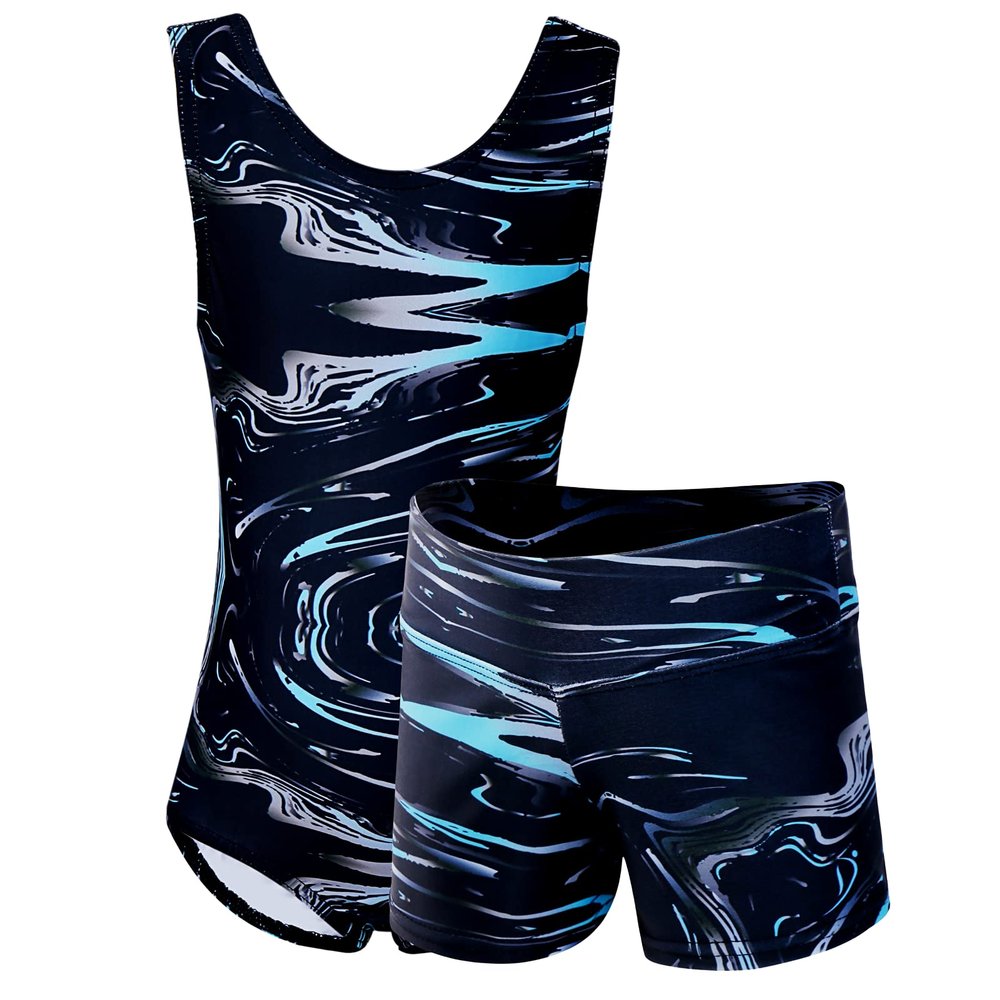 Dancina Set Girls Gymnastics Outfit Leotard and Shorts Size 10 Black Blue