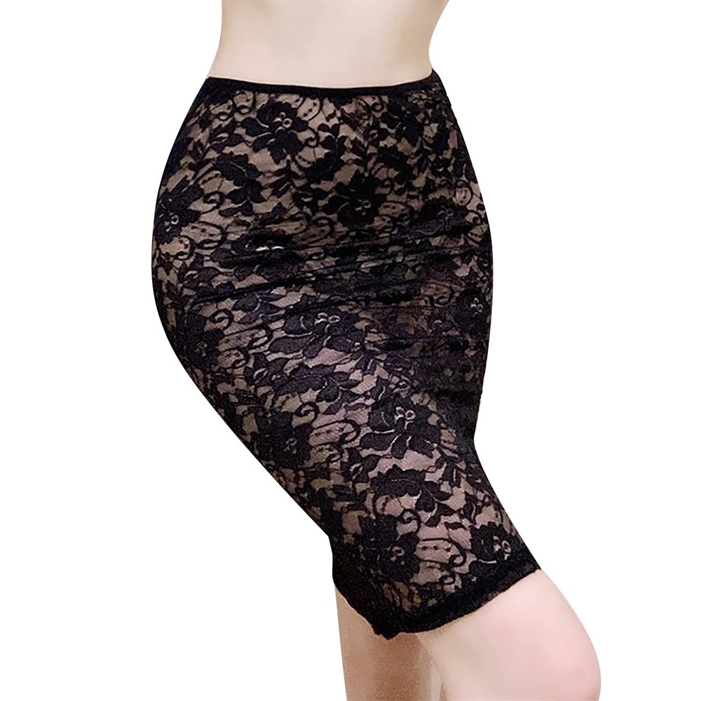 QinCiao Women Hollow Out Flower Pattern Lace Under Skirt Tummy Control Shapewear Party Club Wear Black One Size