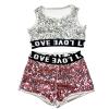 TAIKMD Girl's Kids 2-Piece Gymnastics Dance Outfit Athletic Active Set Racer Crop Top with Sport Shorts Swimsuit Clothes (Squined Pink, 12-14) view 4