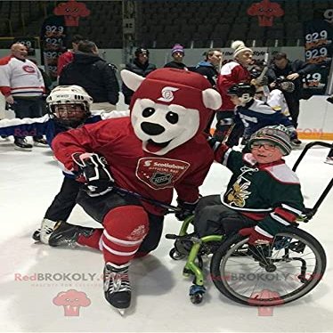 SPOTSOUND Polar bear REDBROKOLY Mascot in red hockey gear