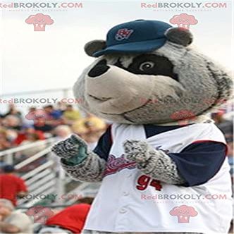 SPOTSOUND Gray and black raccoon REDBROKOLY Mascot in sportswear