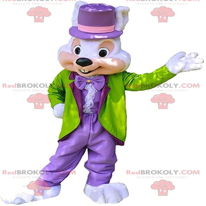 SPOTSOUND Elegant bunny REDBROKOLY Mascot, well dressed, colorful bunny costume