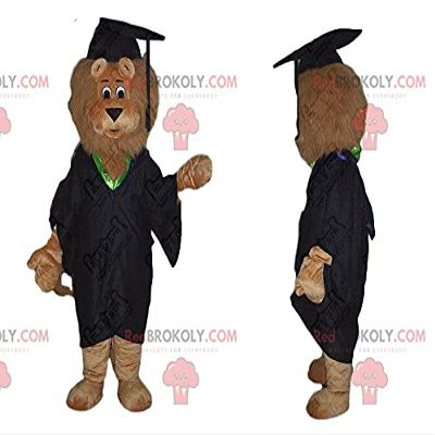 SPOTSOUND Brown lion REDBROKOLY Mascot dressed as a young graduate. Graduate suit