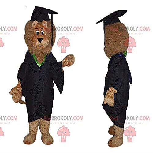 SPOTSOUND Brown lion REDBROKOLY Mascot dressed as a young graduate. Graduate suit