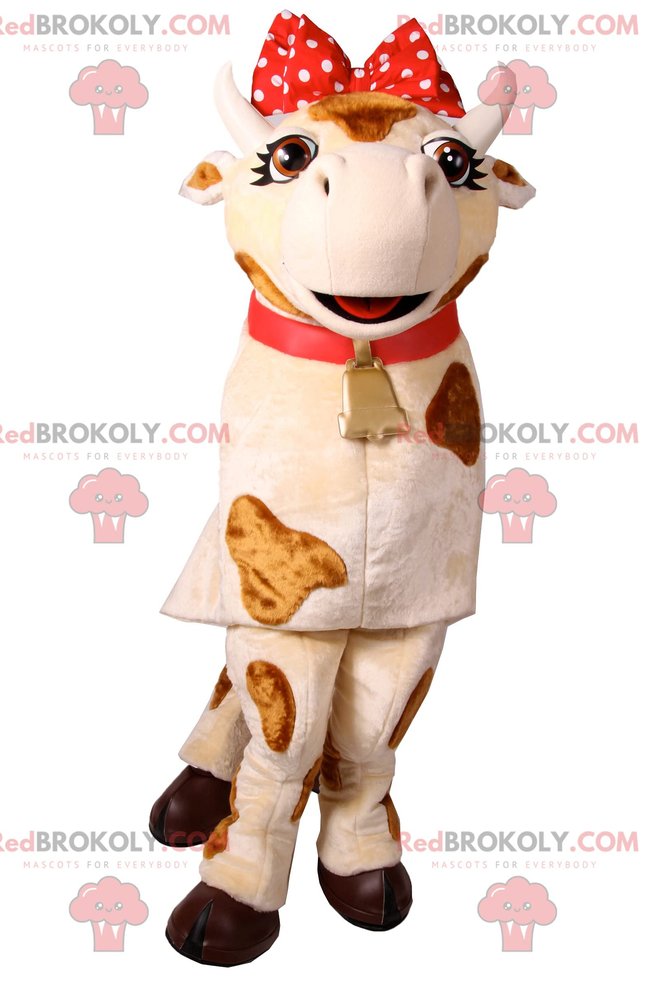 SPOTSOUND Cow REDBROKOLY Mascot with a red polka dot node. Cow costume