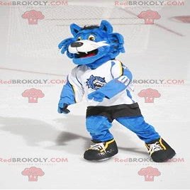 SPOTSOUND Blue and white cat REDBROKOLY Mascot in sportswear