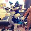 Blue and white dog REDBROKOLY Mascot view 1