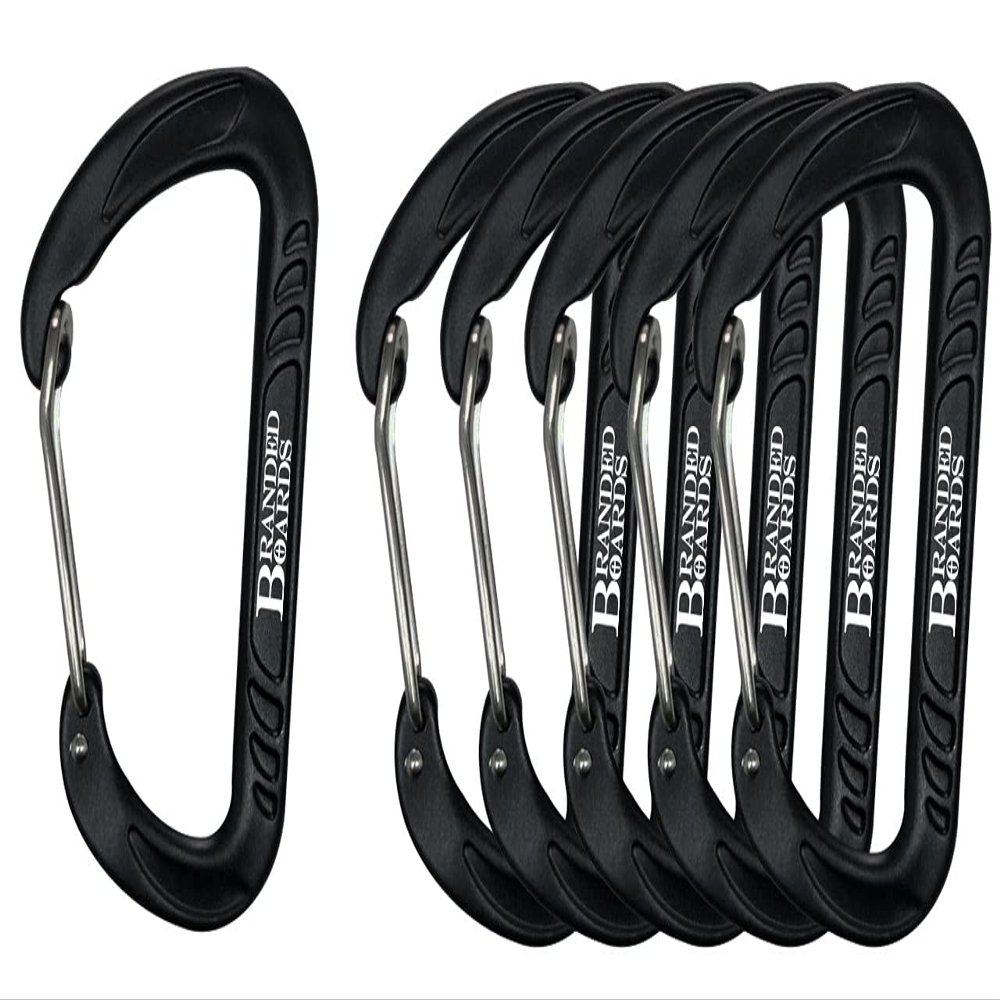 Branded Boards Bushcraft Aluminum Carabiner Wire Gate Spring Snap Clip Link Hooks. Black or Silver, 6-Packs or 12-Packs (Black 6-Pack)