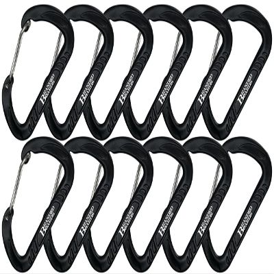 Branded Boards Bushcraft Aluminum Carabiner Wire Gate Spring Snap Clip Link Hooks. Black or Silver, 6-Packs or 12-Packs (Black 12-Pack)