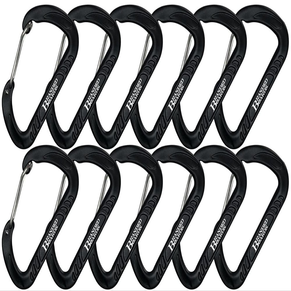 Branded Boards Bushcraft Aluminum Carabiner Wire Gate Spring Snap Clip Link Hooks. Black or Silver, 6-Packs or 12-Packs (Black 12-Pack)