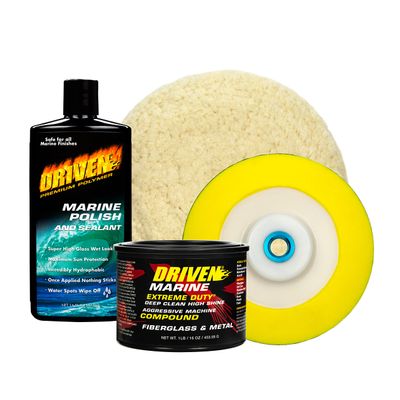 DRIVEN Marine Polish and Machine Paste Compound Bundled Together with 100% Twisted Wool Machine Pad and Backing Plate