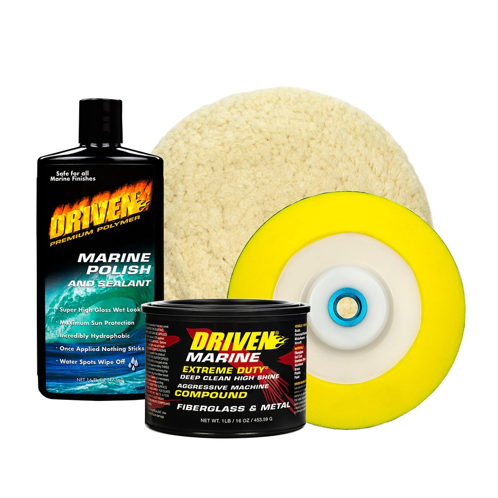 DRIVEN Marine Polish and Machine Paste Compound Bundled Together with 100% Twisted Wool Machine Pad and Backing Plate