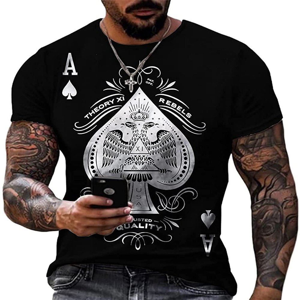HUAFOOK Mens 3D Poker Pattern Vintage T Shirts Graphic Tees Casual Short Sleeve Crewneck Tshirt Funny Casual Shirt (X-Large,1)