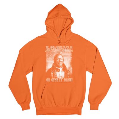 Tee Hunt America Love It or Give It Back Sweatshirt Native American Chief Hoodie Orange Small