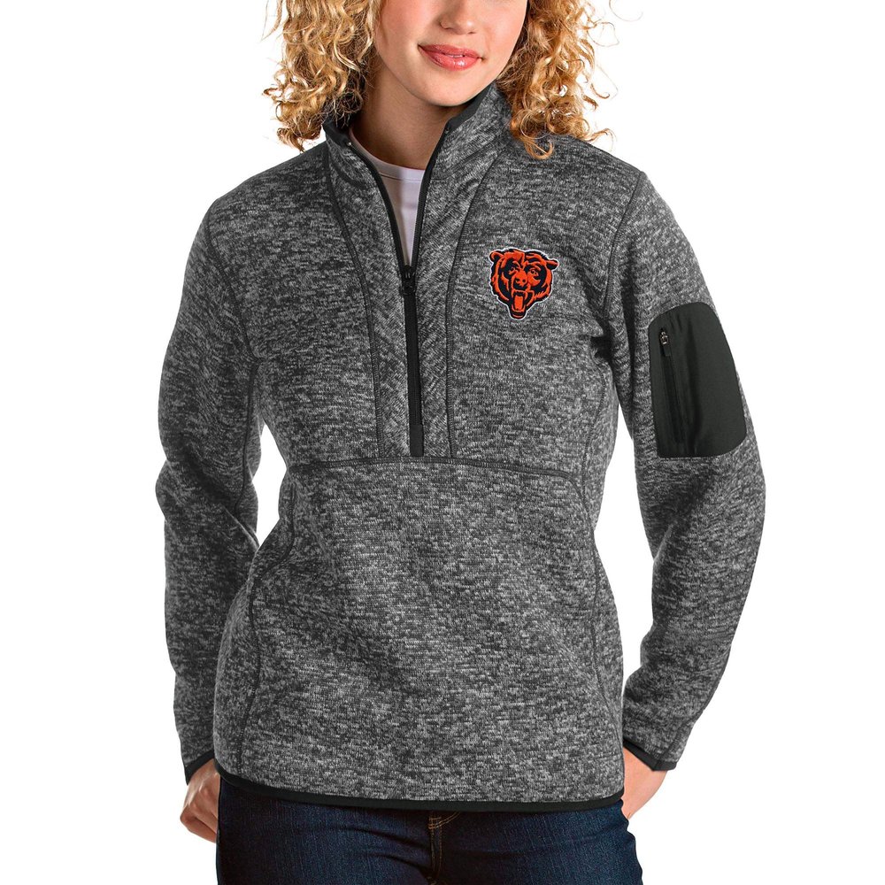 Antigua Women's Heather Charcoal Chicago Bears Bear Head Fortune Half-Zip Pullover Jacket