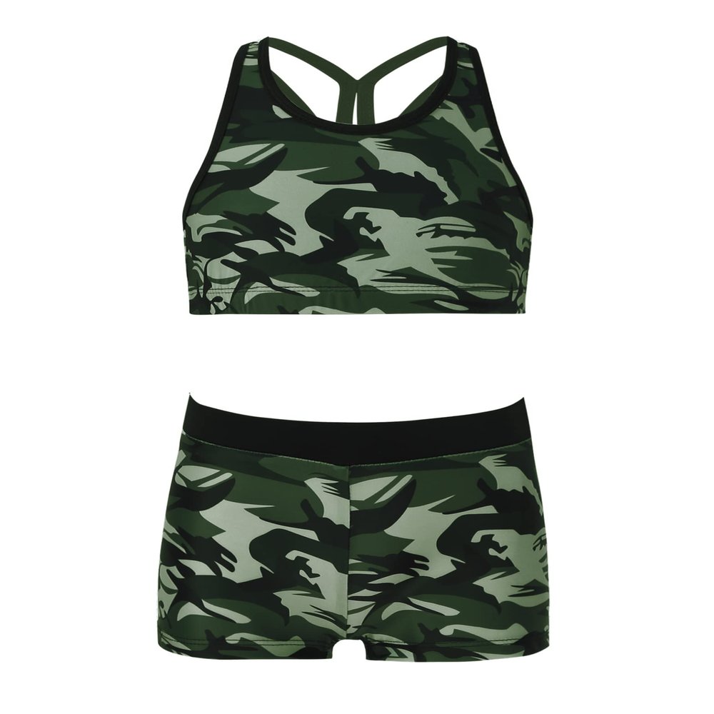Hedmy Kids Girls 2-Piece Tankini Swimsuit Set Cute Print Swimwear Sport Dance Outfits UPF50+ UV Sun Protection Camouflage Green 16 Years