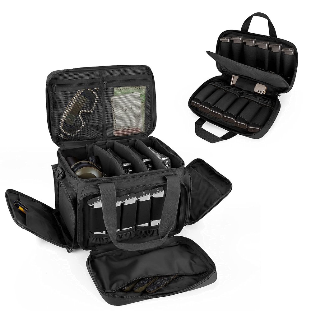 DSLEAF Tactical Gun Range Bag with Pistol Magazine Storage Bag for 4 Handguns and 19 Magazines, Black