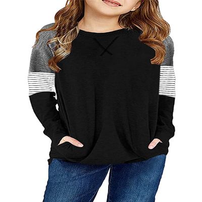 SELINK Girl's Casual Big Kids Long Sleeve Striped Color Block Casual Tees with Pockets Black M