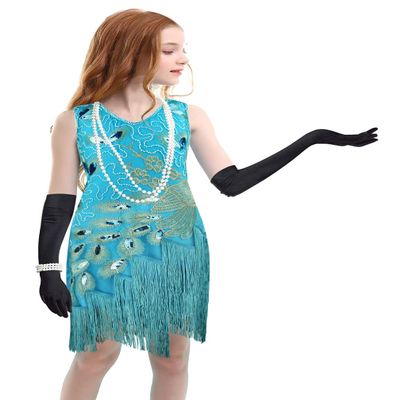 1920s Kids Sequined Fringed Chicken Feather Dress Latin Dance Performance Costume Accessories Set (Small, Style 6 Blue)