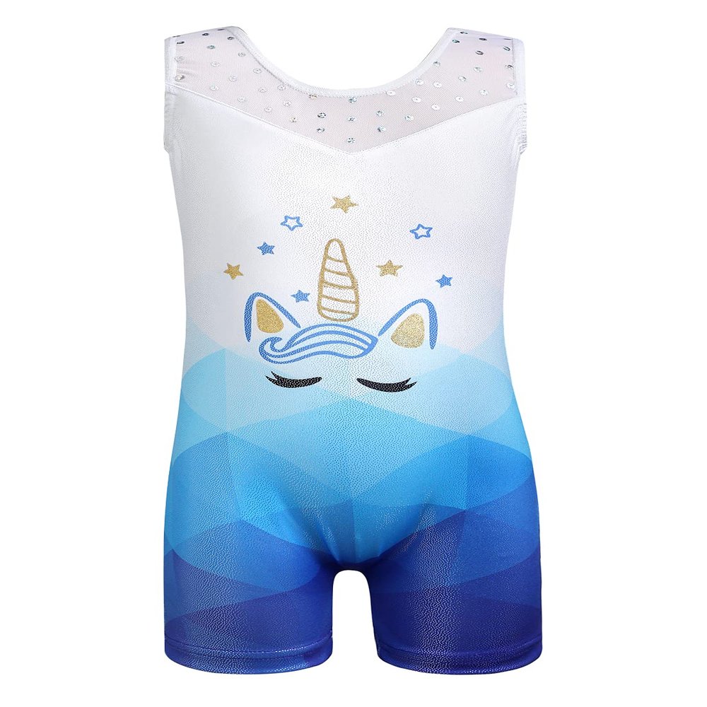 Belovance Leotards for Girls Gymnastics Unicorn Athletic Dance Wear Shiny Rainbow Blue Hotpink (White Blue, 9-10 Years)