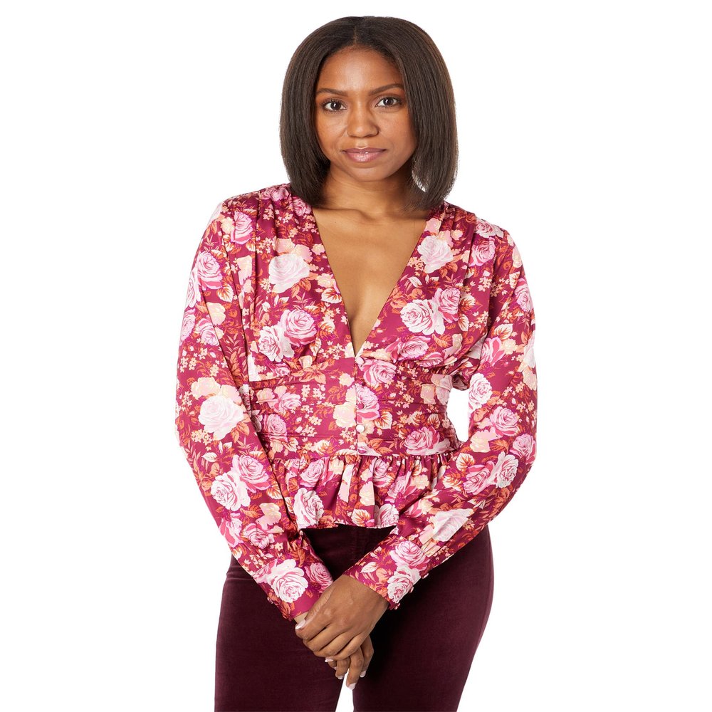 WAYF Long Sleeve Peplum Top Red Roses SM