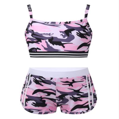 TiaoBug Kids Girls Two-Piece Swimsuit Dance Sports Outfits Crop Top and Shorts Activewear Sets Gym Yoga Workout Outfits Camo Pink 8 Years