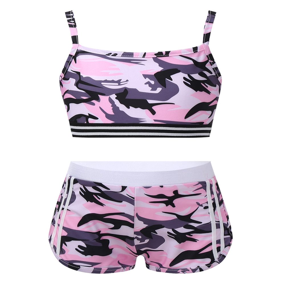 TiaoBug Kids Girls Two-Piece Swimsuit Dance Sports Outfits Crop Top and Shorts Activewear Sets Gym Yoga Workout Outfits Camo Pink 8 Years