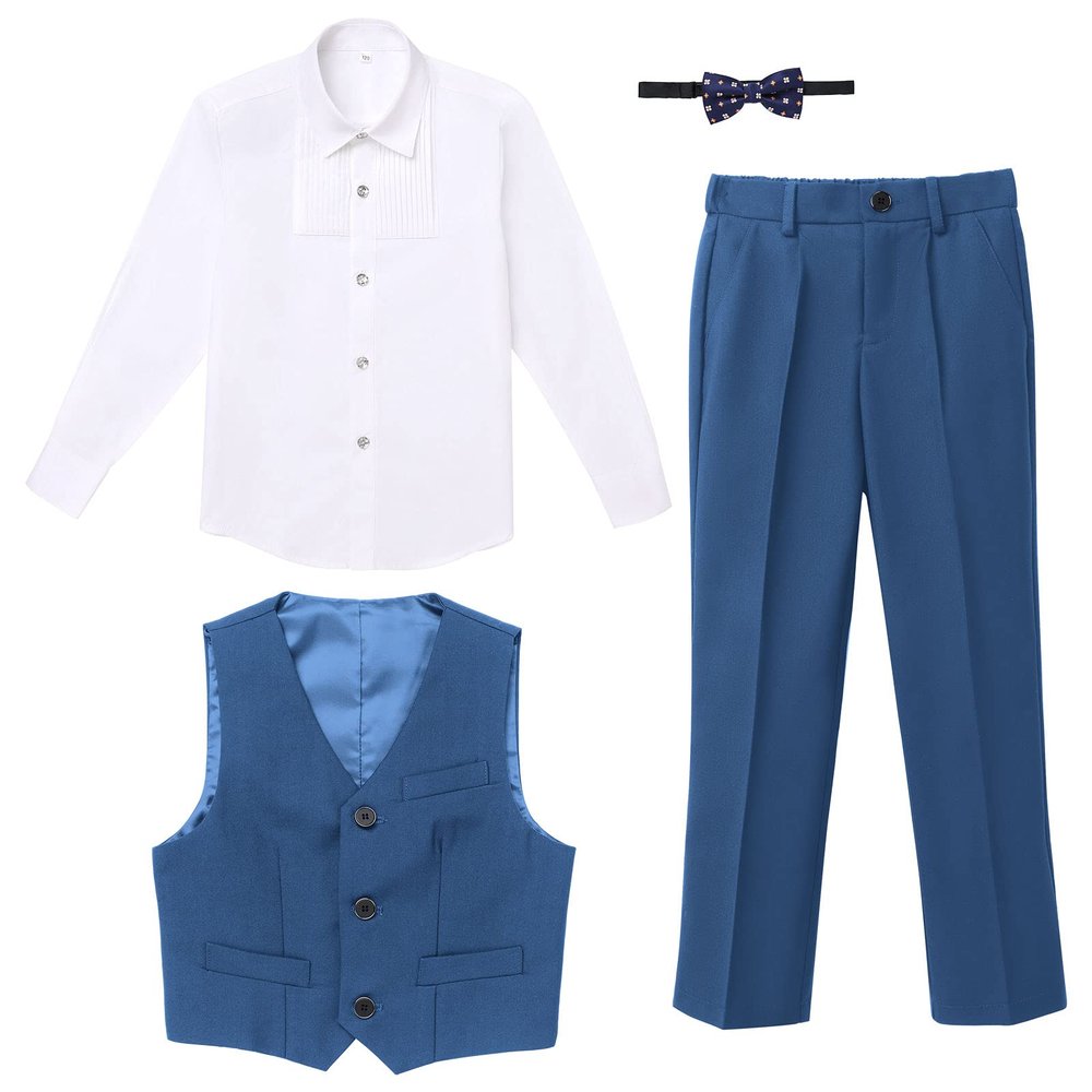 Boys Formal Suit Set 4-piece Slim Fit Dresswear Sleeveless Vest Waistcoat + Bowtie Shirt + Pants Gentleman Outfit for Toddler Kids Tuxedo Wedding Birthday Party Photo Props Blue - Vest Set 13-14 Years