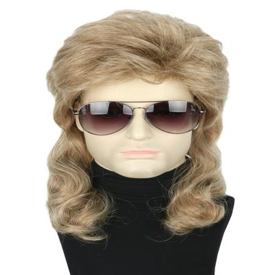 Topcosplay Men Wigs 80s Mullet Wig Light Brown Long Curly Halloween Costumes Party Funny Man Wig