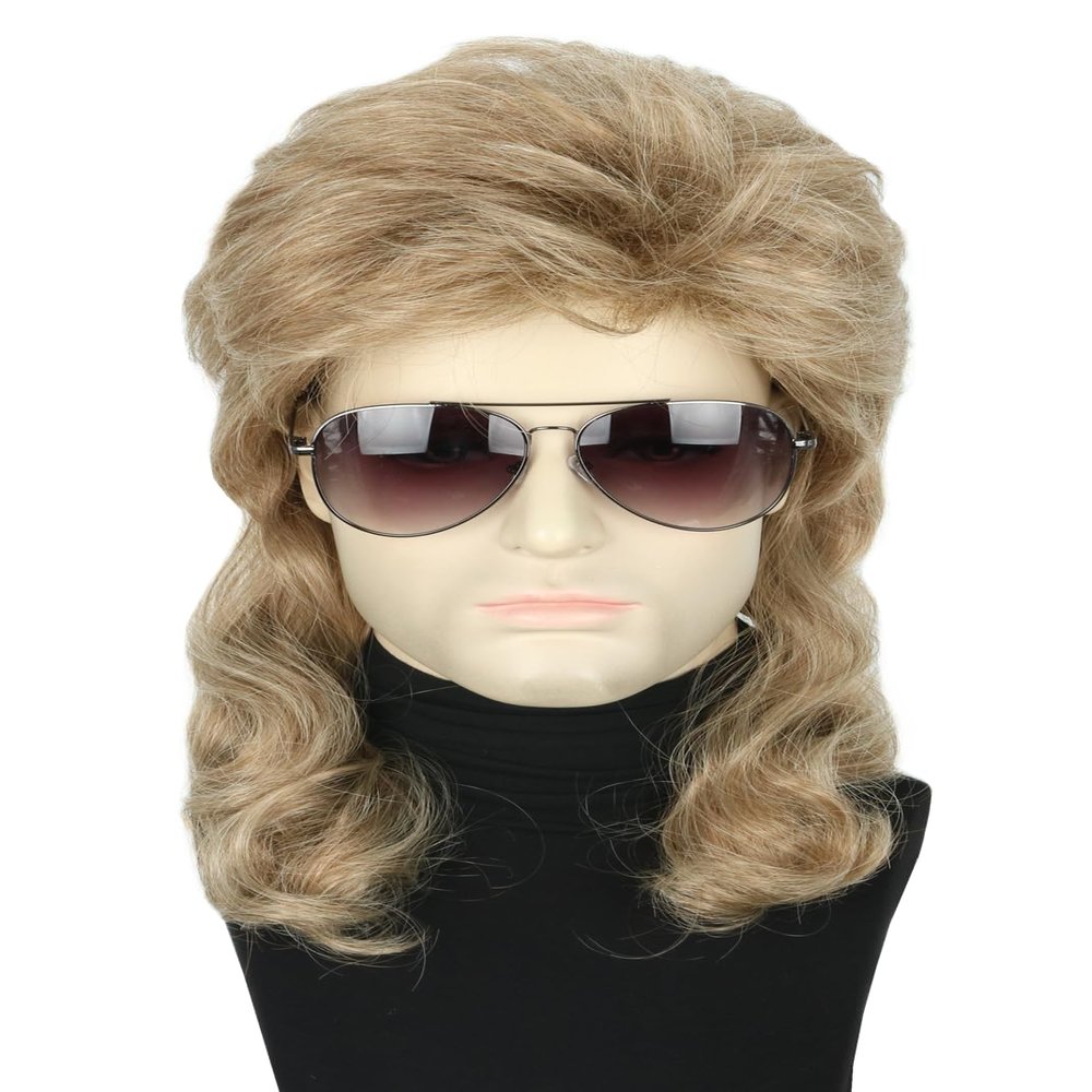 Topcosplay Men Wigs 80s Mullet Wig Light Brown Long Curly Halloween Costumes Party Funny Man Wig