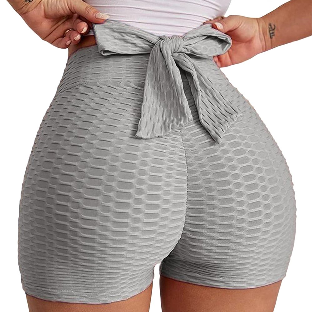 Butt Lift Short Bowknot Leggings for Women High Waisted Tummy Control Hot Pants Scrunch Workout Ruched Sexy Shorts (Grey,Small)
