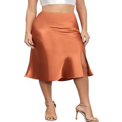 ALCEA ROSEA Women Satin Split Side Midi Skirt Elastic Waist Fishtail Silky Skirt Work Party Pencil Bias Cutting Skirt (Caramel,X-Large)