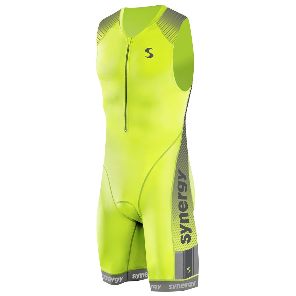 Synergy Triathlon Tri Suit - Men's Elite Sleeveless Trisuit (Neon Lime/Steel, XX-Large)