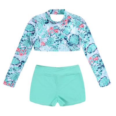 YONGHS Kids Girls Swimsuit Long Sleeve Rash Guard Cross Straps Crop Top Swimwear Bathing Suit Green Leaves 6