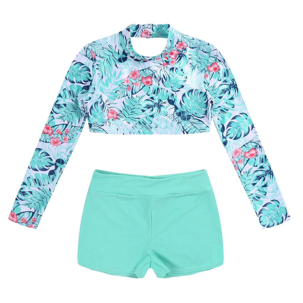 YONGHS Kids Girls Swimsuit Long Sleeve Rash Guard Cross Straps Crop Top Swimwear Bathing Suit Green Leaves 6