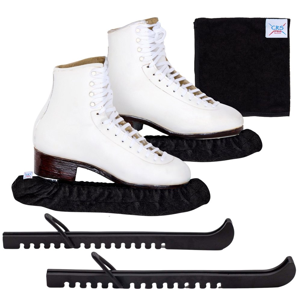 CRS Cross Ice Skate Guards, Soakers and Towel Gift Set. One Piece Adjustable Guard Design and Soft Skate Blade Cover Accessories for Ice Skating. No Assembly Required (Biellmann Black, Small)