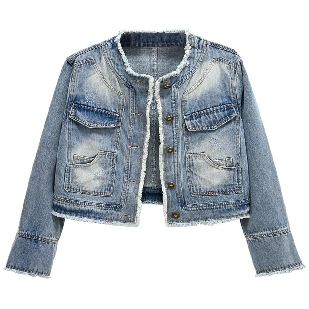 Snoly Women's Jean Buttons Ripped Denim Jackets Coats with Detachable Hood (Grey, Medium)