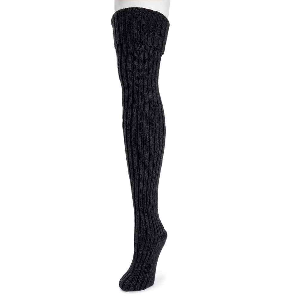 MUK LUKS Women's Chunky Ribbed Over the Knee Socks, Ebony, One Size