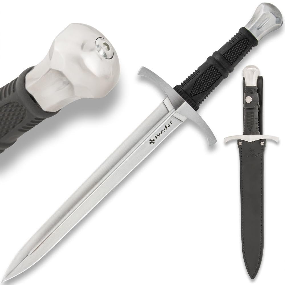 Honshu Crusader Quillon Dagger with Sheath - Razor-Sharp 1060 Carbon Steel Blade, Injection-Molded TPR Handle, Cast Steel Handguard and Pommel - Back-Up Defense for Modern Warriors - Length 18 5/8