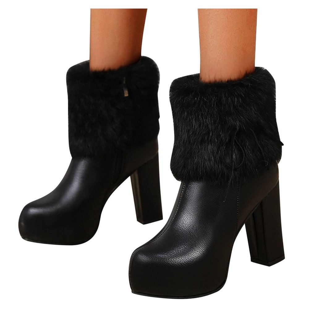 Hbeylia Platform Pump Boots For Women Fluffy Fuzzy Leather Chunky High Heels Ankle Booties Plush Fur Furry Winter Warm Snow Boots Dressy Short Boots For Ladies Wedding Christmas Halloween Dcor