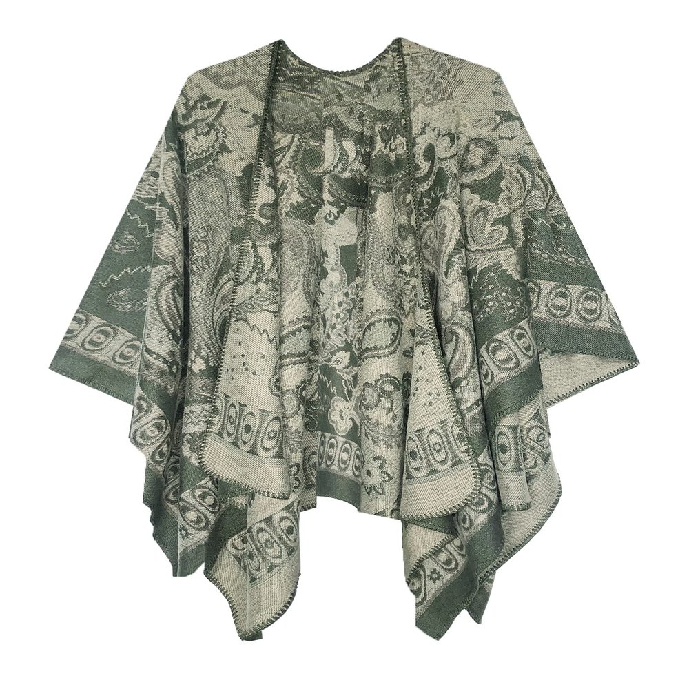 Women's Vintage Pattern Open Front Poncho Cape Shawl Winter Shawl Wraps (Series 24-Green)