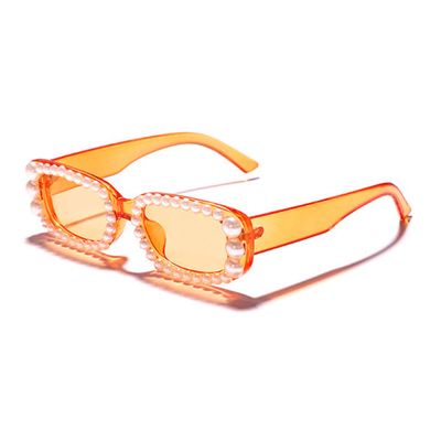willochra Pearl Rectangular Candy colors Sunglasses Vintage Retro Diamond Narrow Square Rhinestone Party Sun Glasses UV400 (Orange)